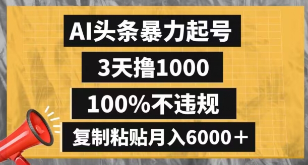 AI头条暴力起号，3天撸1000,100%不违规，复制粘贴月入6000＋【揭秘】-南青云资源库