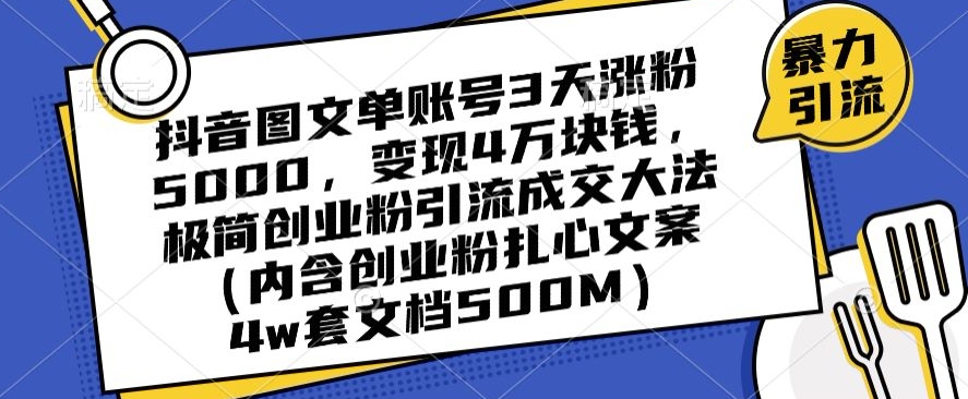 抖音图文单账号3天涨粉5000，变现4万块钱，极简创业粉引流成交大法-南青云资源库