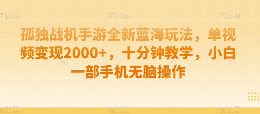 孤独战机手游全新蓝海玩法，单视频变现2000+，十分钟教学，小白一部手机无脑操作【揭秘】-南青云资源库