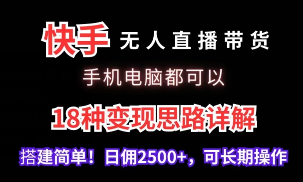 快手无人直播带货，手机电脑都可以，18种变现思路详解，搭建简单日佣2500+【揭秘】-南青云资源库
