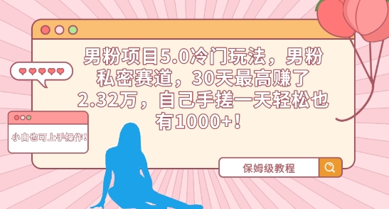 男粉项目5.0冷门玩法，男粉私密赛道，30天最高赚了2.32万，自己手搓一天轻松也有1000+【揭秘】-南青云资源库